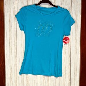 Total Girl Teal Blue Shirt Sleeve Tee with Rhinestone Flip-Flop Detail Size L